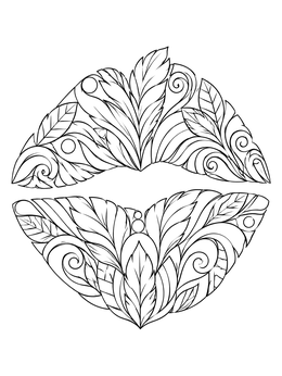 Intricate lips coloring page composed of delicate leaves, feathers, and flowing filigree swirls.