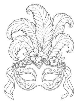 An ornate masquerade mask coloring page topped with grand plume feathers and flowers.