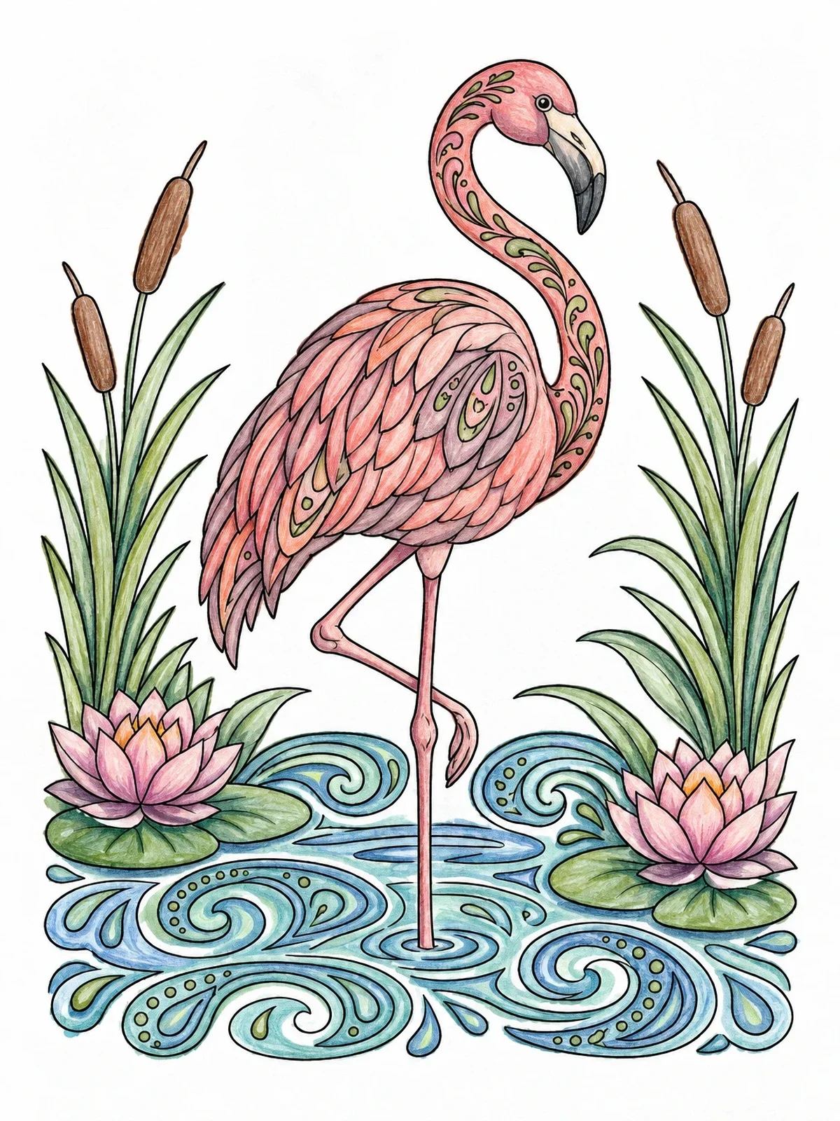 Colored example of the Ornate Flamingo In Pond Water coloring page