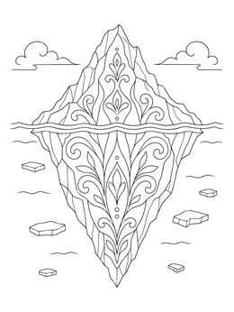 An ornate iceberg floating in water on this ice coloring page.