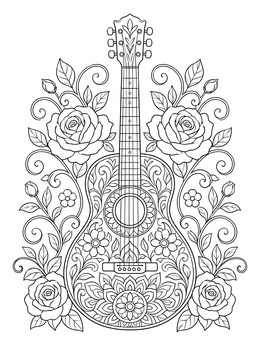 Free printable Ornate Floral Acoustic Guitar coloring page