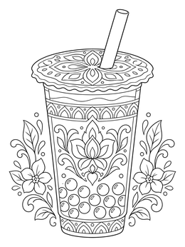 An ornate boba coloring page featuring a patterned bubble tea cup surrounded by floral motifs.