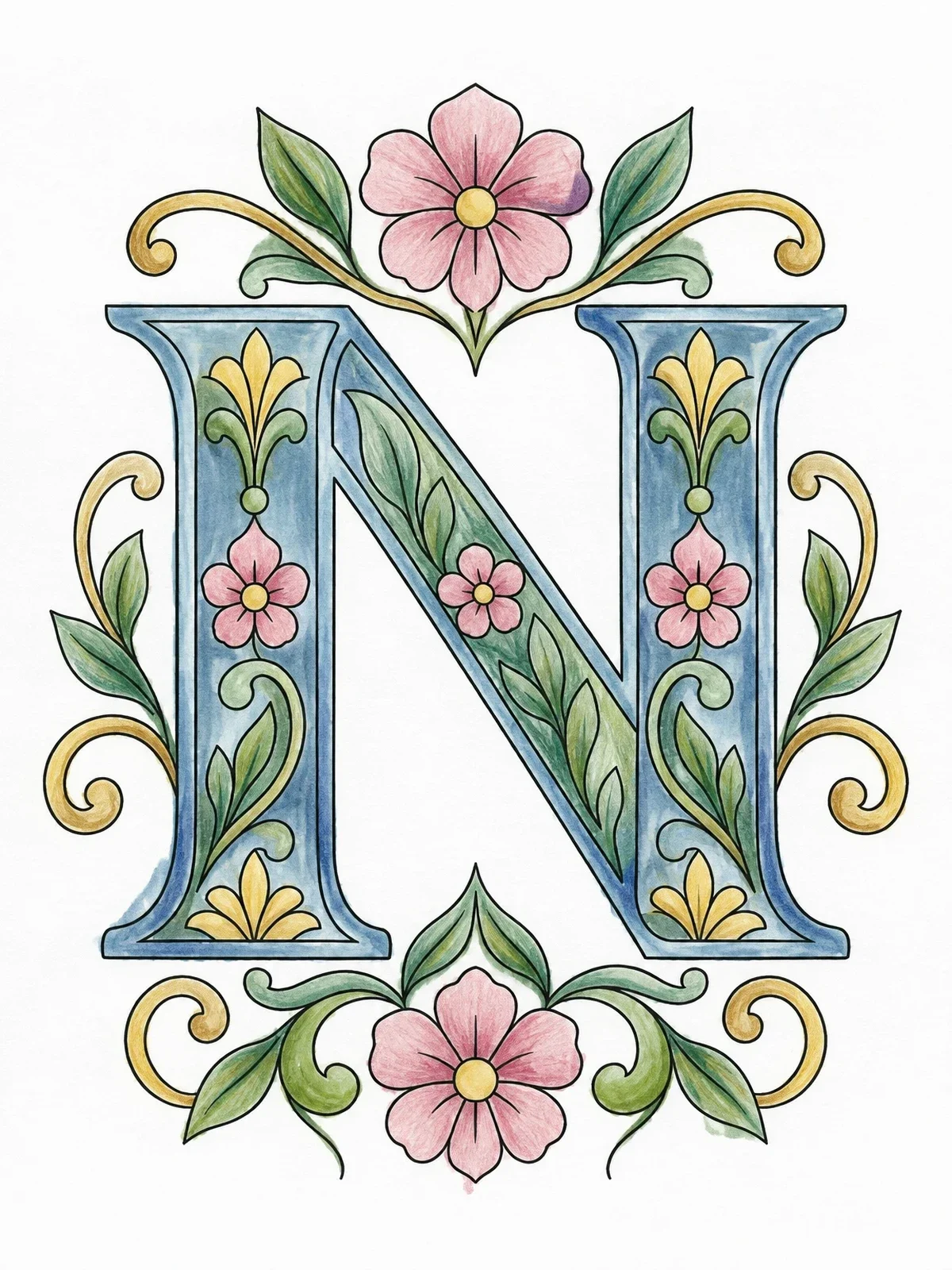 Colored example of the Ornate Floral Capital Letter N coloring page