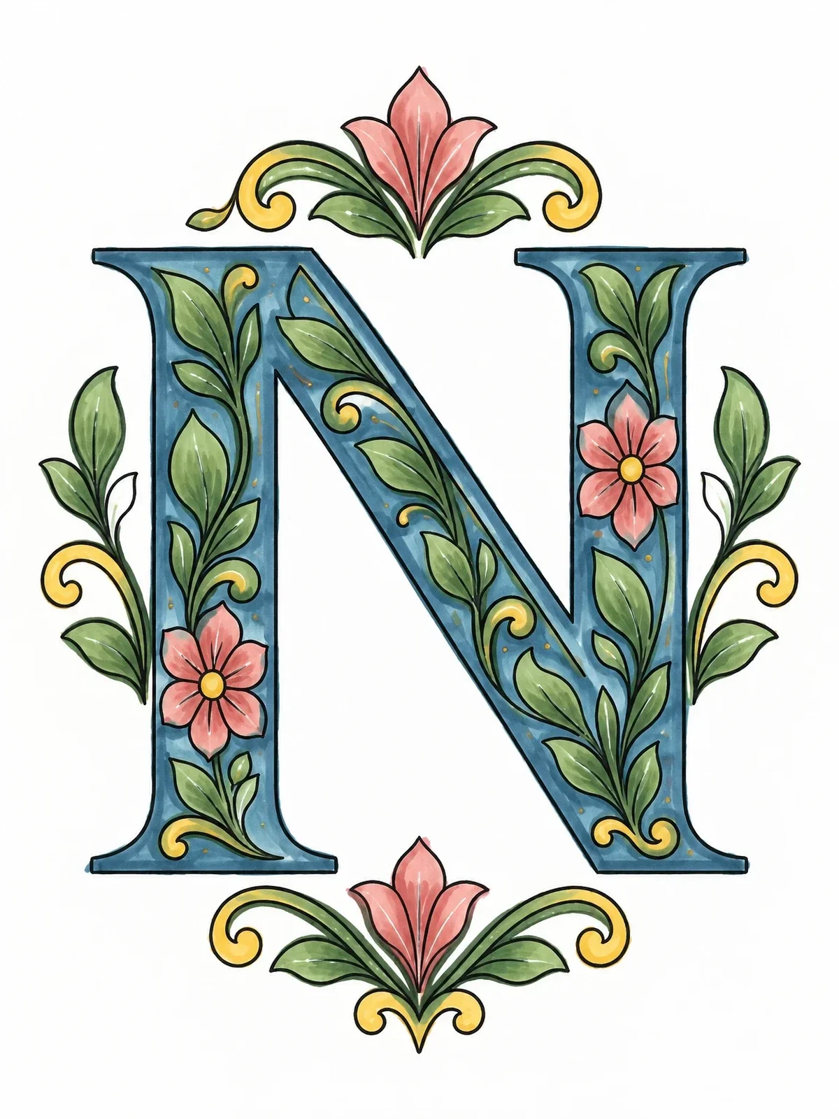 Colored example of the Ornate Floral Capital Letter N coloring page