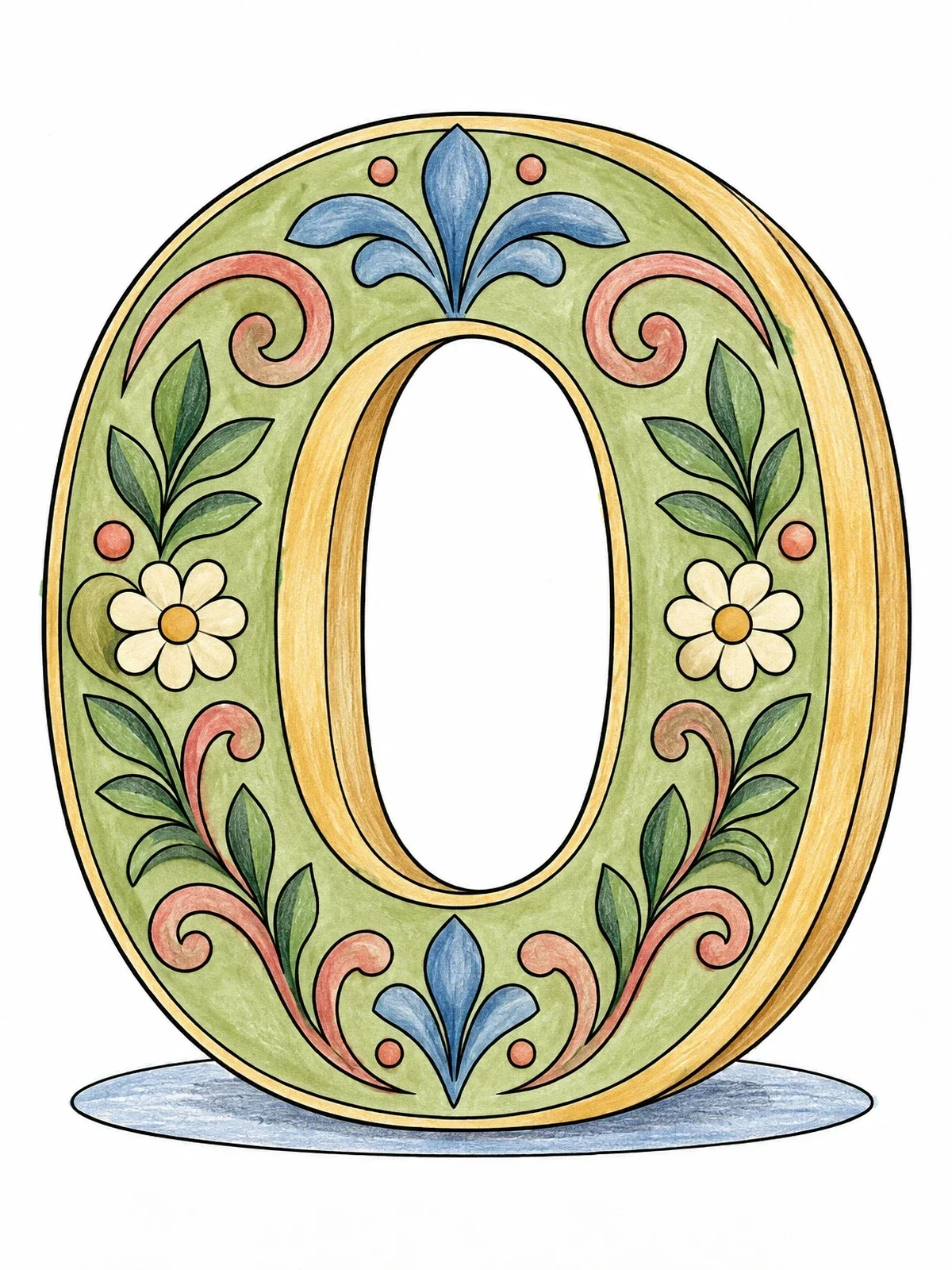 Colored example of the Ornate Floral Capital Letter O coloring page