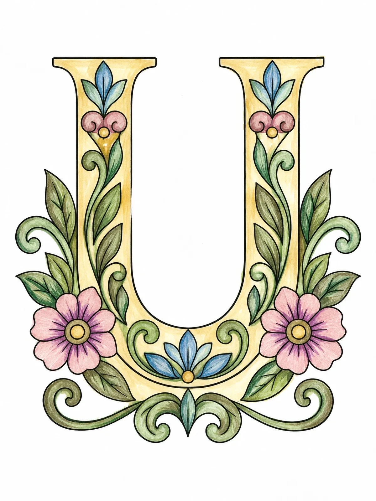Colored example of the Ornate Floral Capital Letter U coloring page