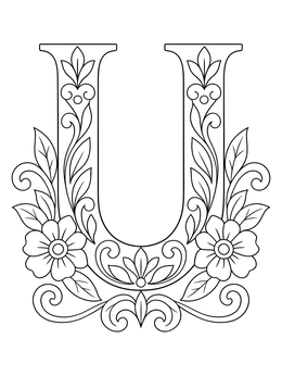 Free printable Ornate Floral Capital Letter U coloring page