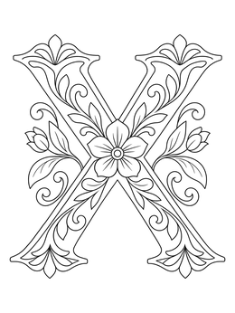 Free printable Ornate Floral Capital Letter X coloring page