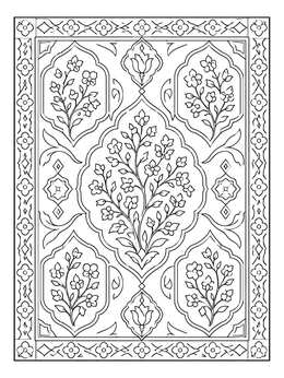 An intricate Persian style rug coloring page displaying botanical cartouches and ornamental borders.