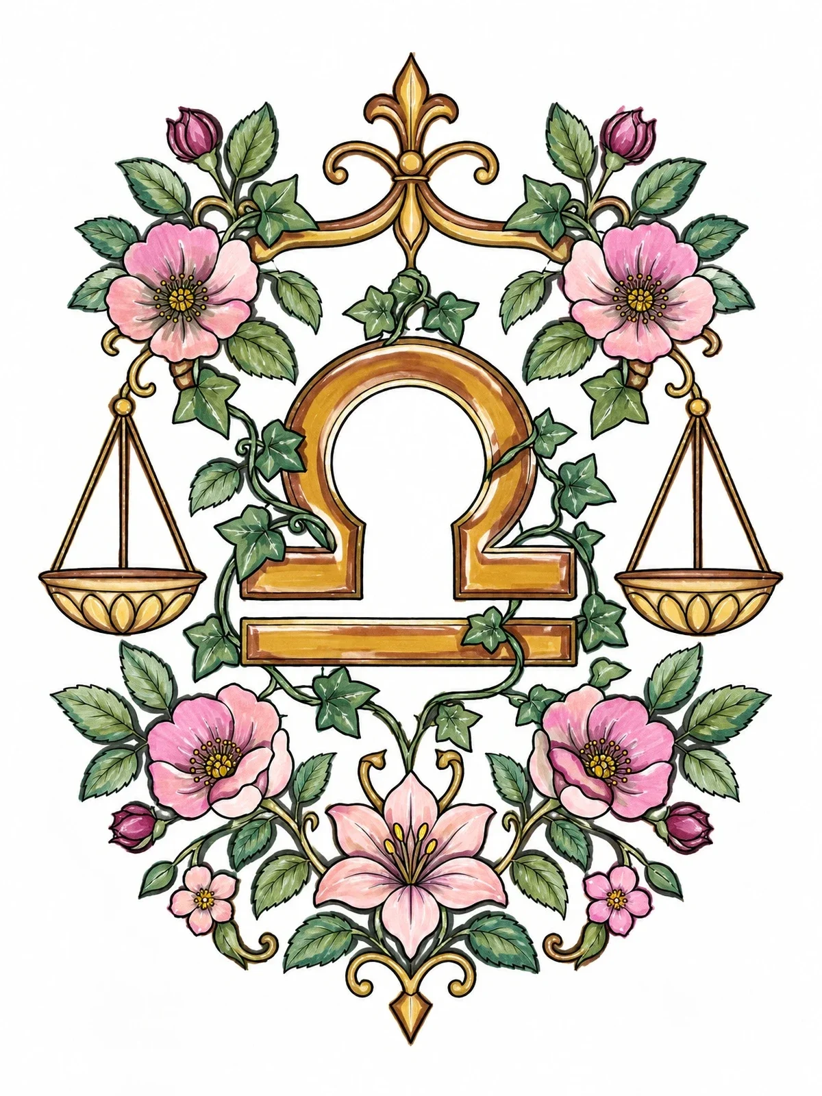 Colored example of the Ornate Floral Libra Zodiac Symbol coloring page