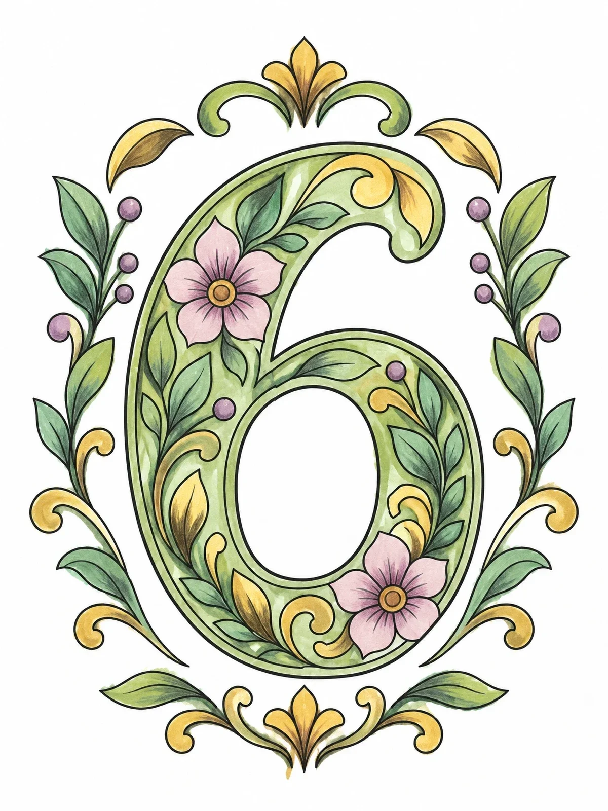 Colored example of the Ornate Floral Number Six coloring page