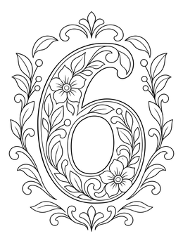 Free printable Ornate Floral Number Six coloring page