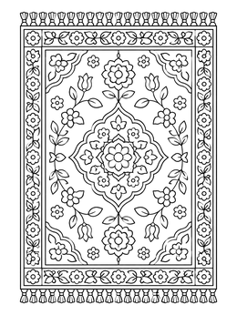 A symmetrical Persian rug coloring page with flowers, ornamental borders, and tassels.