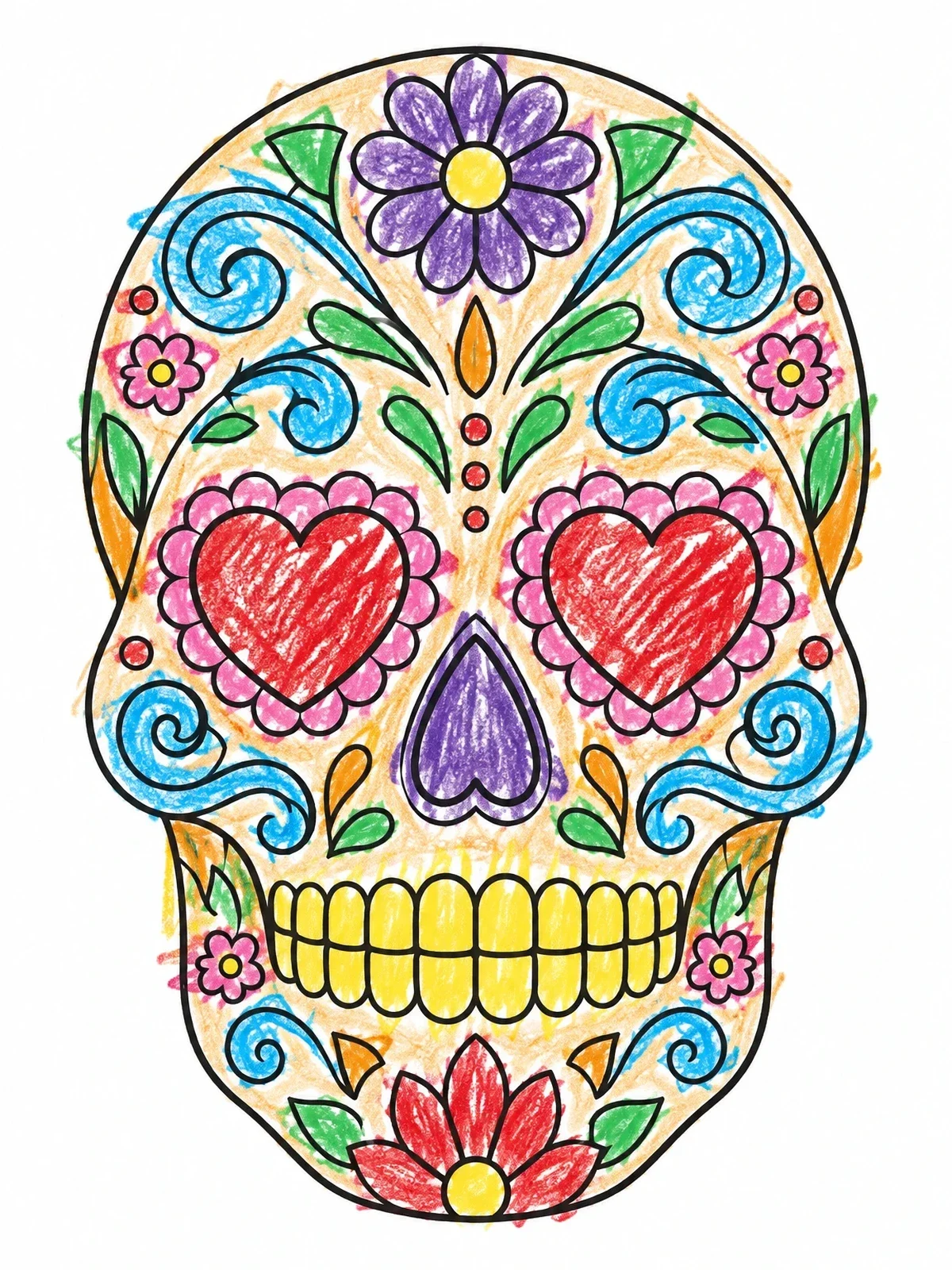 Colored example of the Ornate Floral Sugar Skull coloring page
