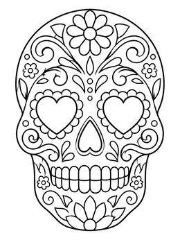 A decorative floral skull coloring page featuring heart-shaped eyes and intricate swirls.