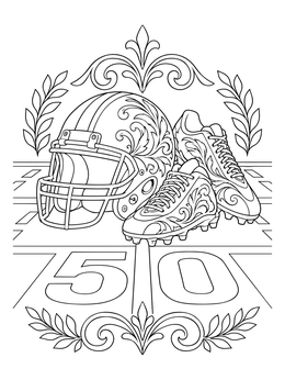 A decorative helmet and cleats sit at the 50-yard line on this football field coloring page.