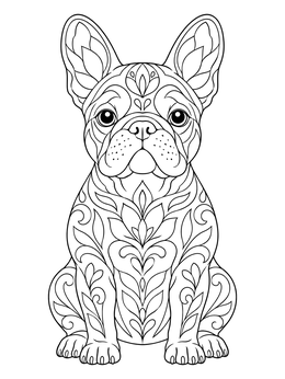 An intricate french bulldog coloring page featuring ornate floral and leaf patterns.