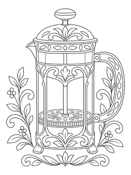 An ornate French press coffee maker featured in an intricate coffee coloring page.