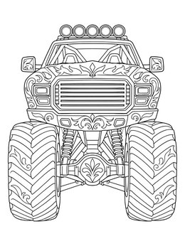 A detailed monster truck coloring page showing a head-on view with massive tires and ornate designs.