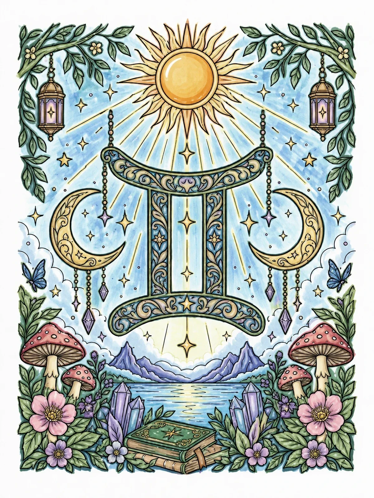 Colored example of the Ornate Gemini Celestial Landscape coloring page