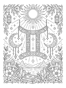 An ornate Gemini coloring page with celestial sun, moons, and nature landscape.