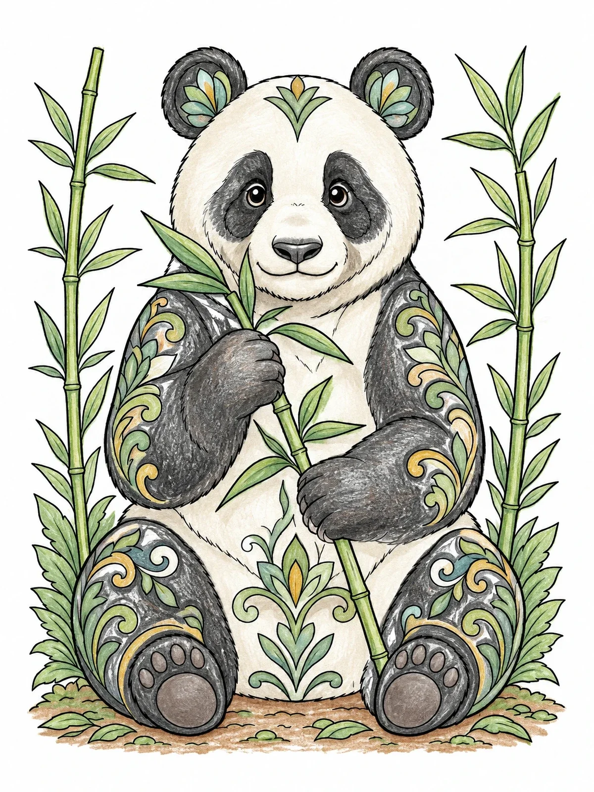 Colored example of the Ornate Giant Panda With Bamboo coloring page