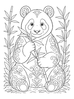 An intricate panda coloring page featuring floral patterns and bamboo stalks.