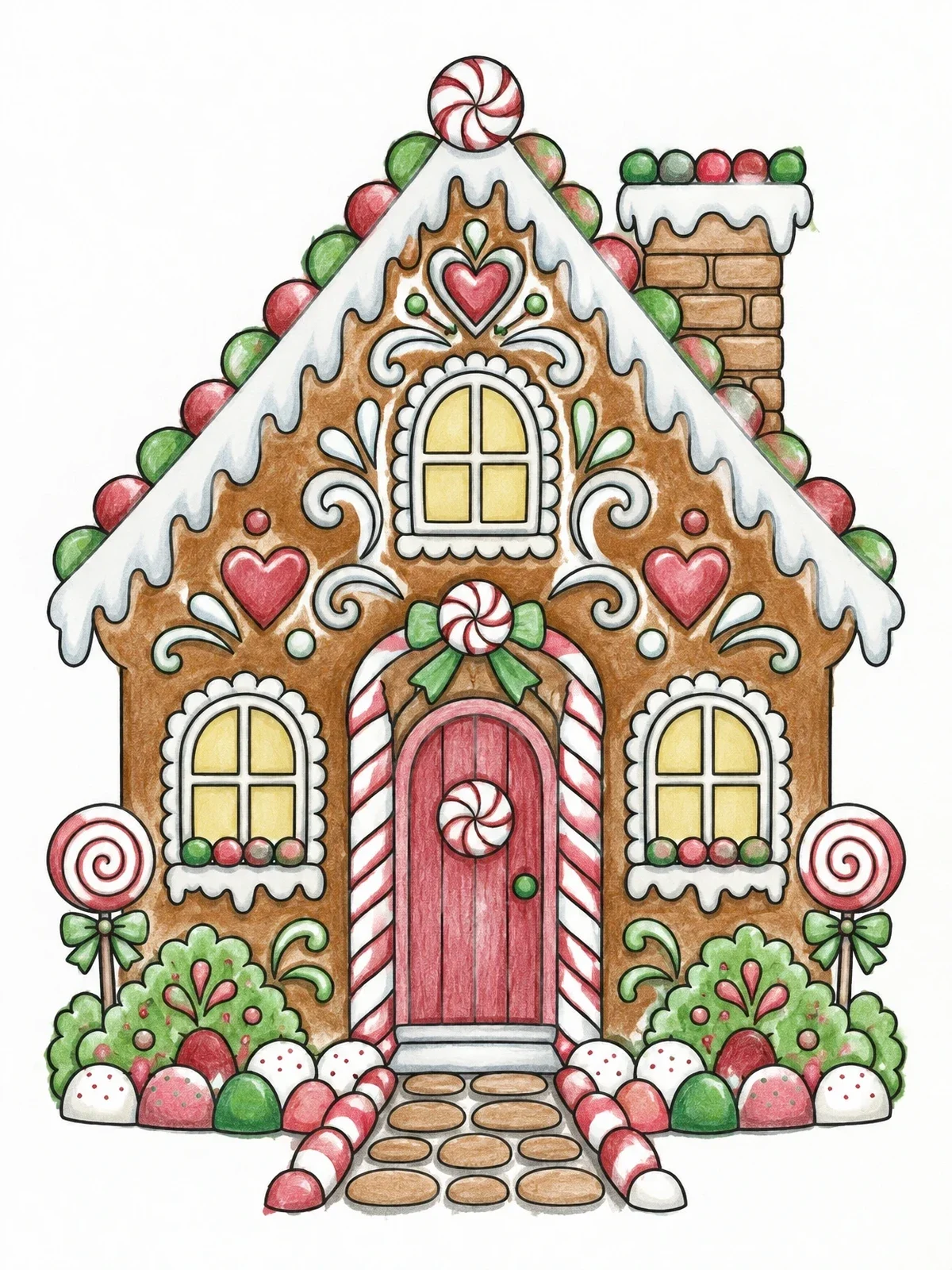 Colored example of the Ornate Gingerbread Candy House coloring page