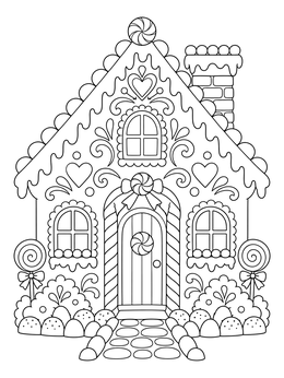 A detailed candy house coloring page with swirled sweets, frosting eaves, and gingerbread details.