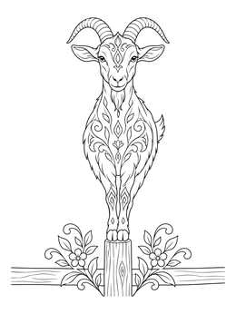 A decorative goat coloring page showing a horned goat balancing gracefully on a narrow wooden post.
