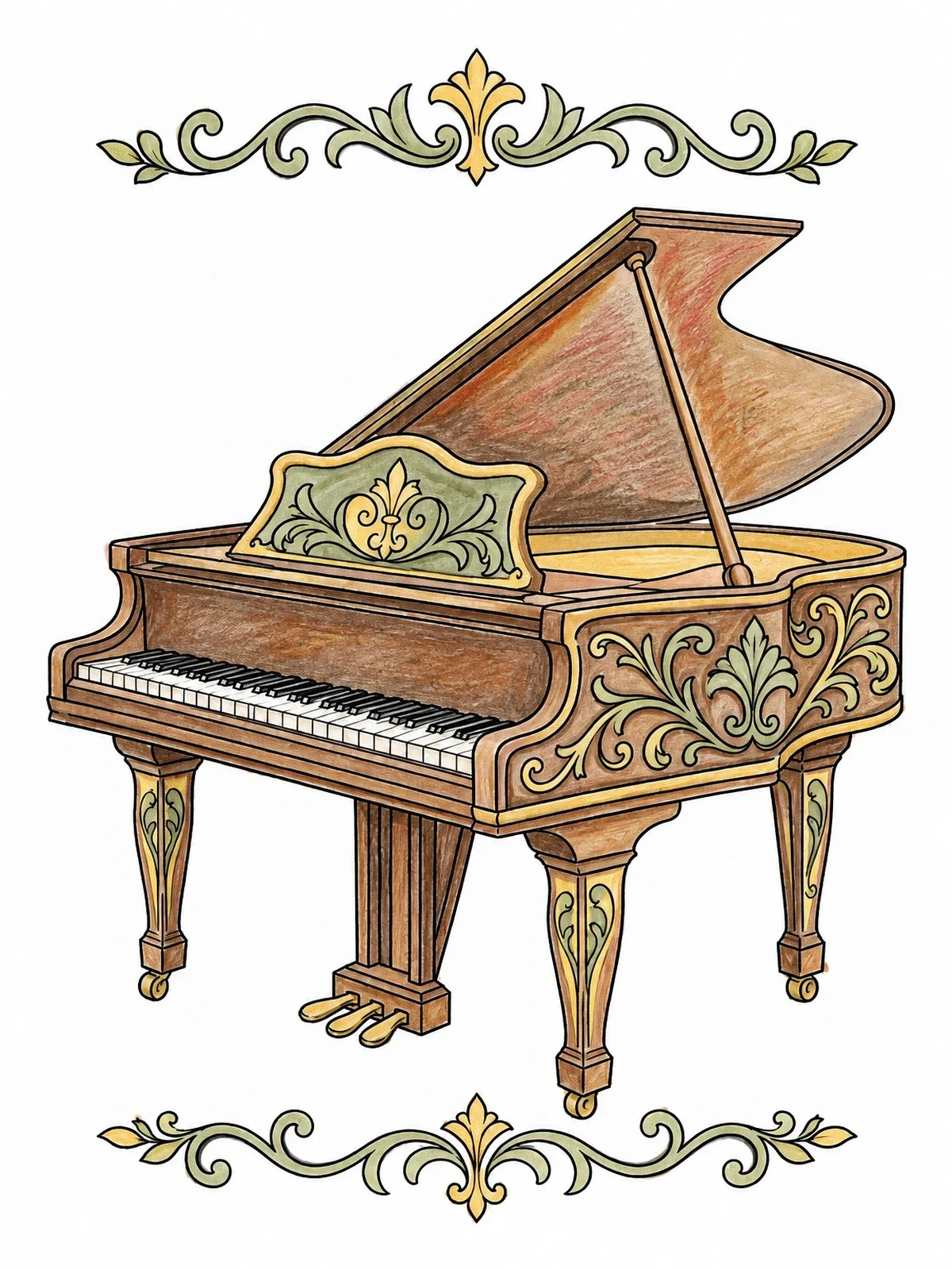 Colored example of the Ornate Grand Piano With Open Lid coloring page