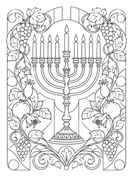 An intricate menorah with candles and botanicals in a detailed hanukkah coloring page.