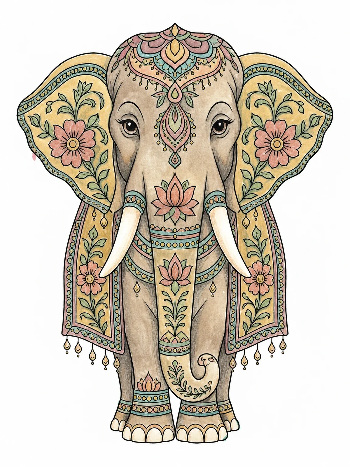 Colored example of the Ornate Henna Elephant coloring page