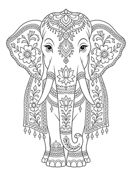 An ornate Indian elephant decorated with lotus motifs in this henna coloring page.