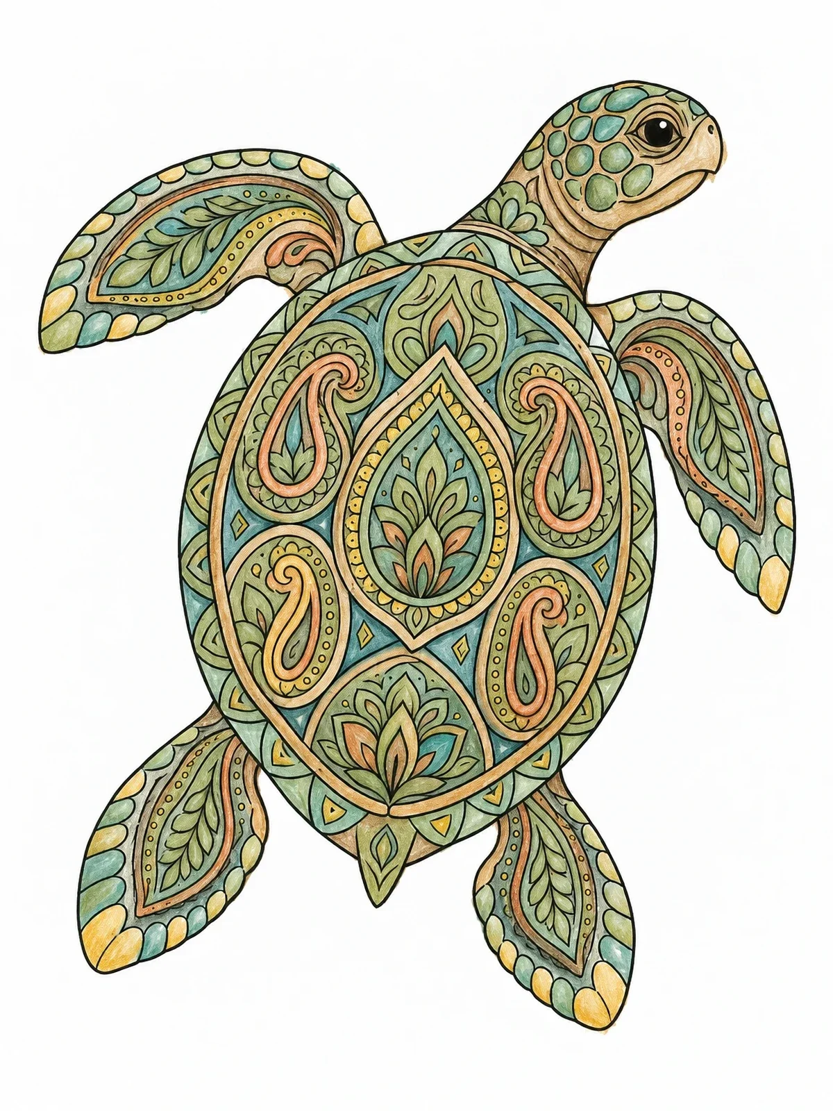 Colored example of the Ornate Henna Mehndi Sea Turtle coloring page