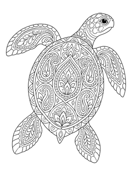 A detailed henna coloring page featuring a sea turtle with intricate paisley patterns.