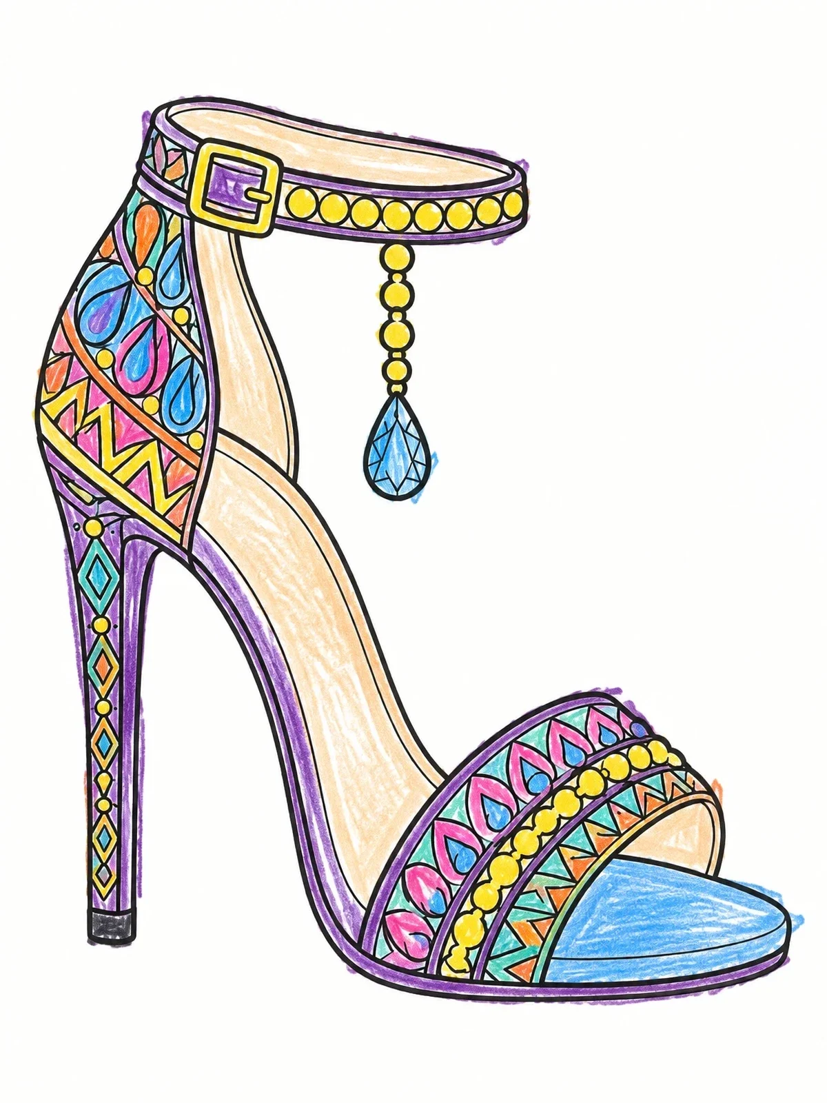 Colored example of the Ornate High Heel Sandal With Gem coloring page