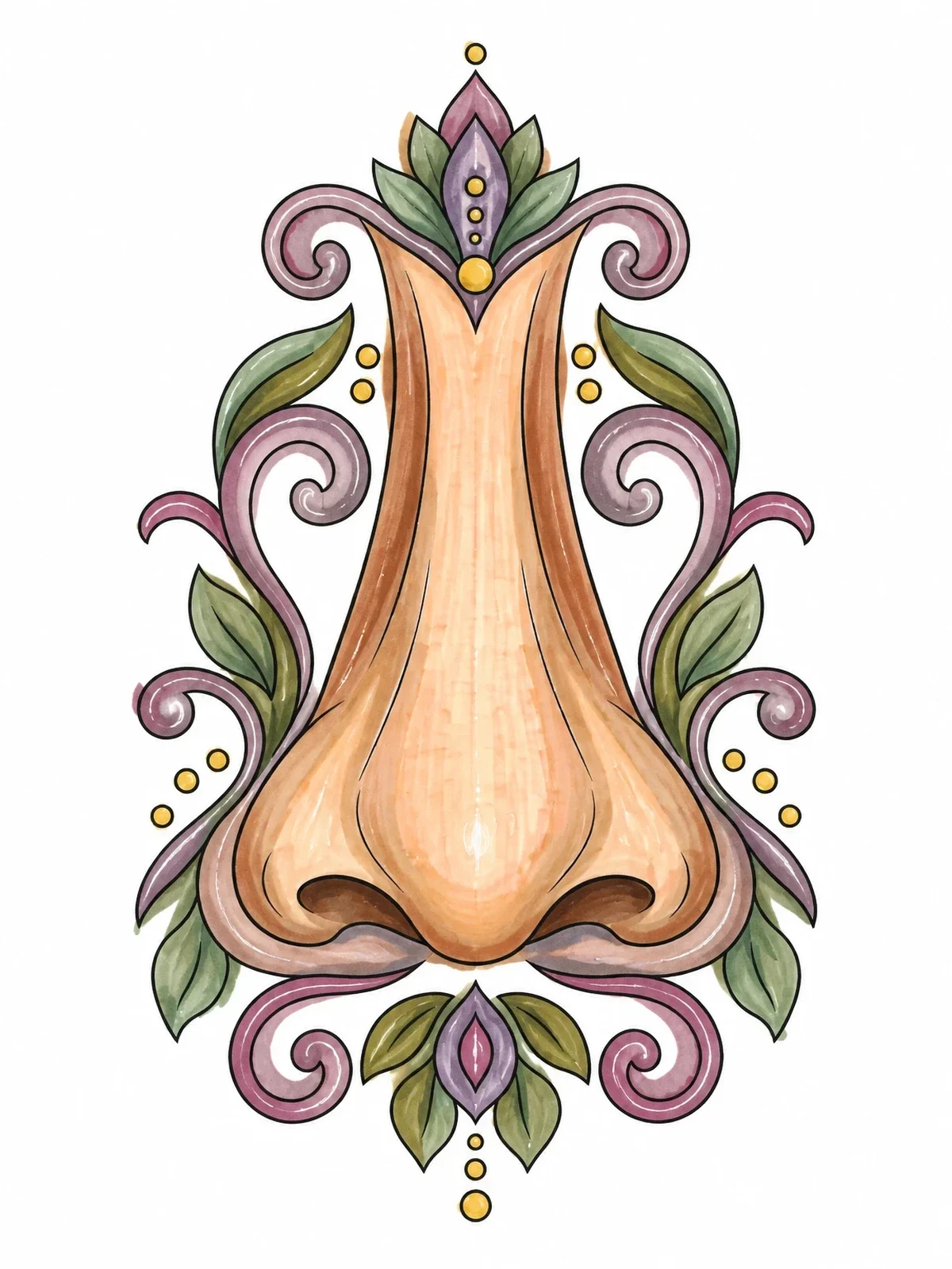 Colored example of the Ornate Human Nose Mandala Design coloring page