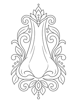 An ornate nose coloring page framed by decorative flourishes and botanical patterns.