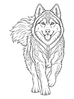 Detailed husky coloring page featuring an elegant dog trotting forward with decorative fur patterns.