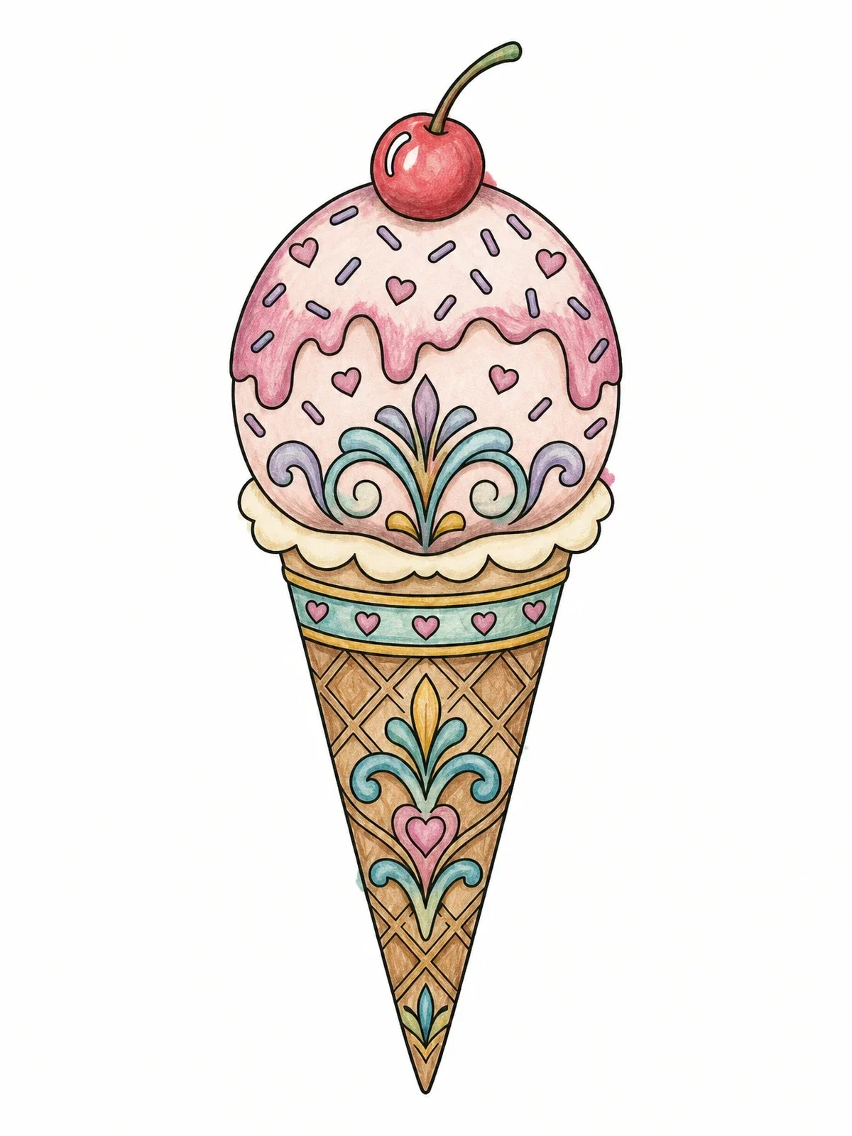 Colored example of the Ornate Ice Cream Cone With Cherry coloring page