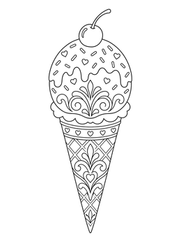 An ornate ice cream scoops coloring page featuring a decorative waffle cone and cherry on top.