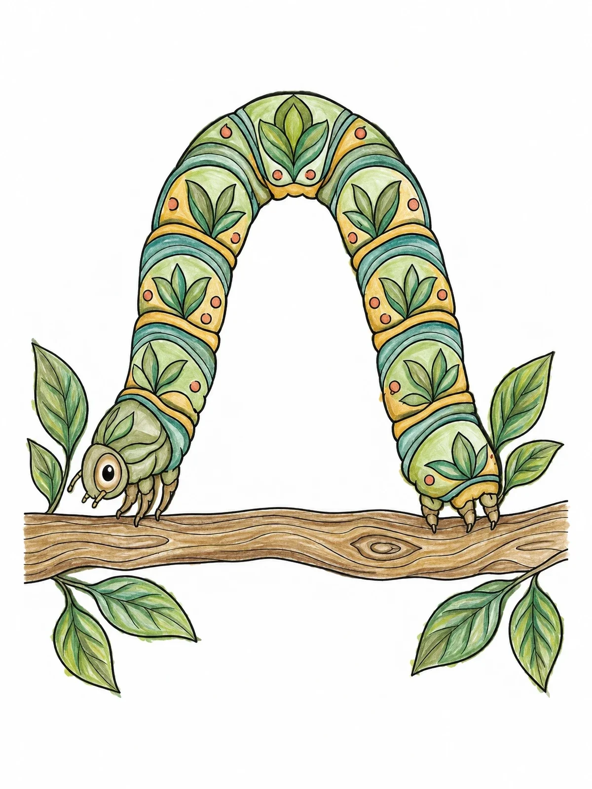 Colored example of the Ornate Inchworm On A Branch coloring page
