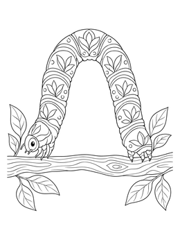An ornate inchworm coloring page featuring decorative floral segments on a branch.