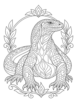 A detailed Komodo dragon coloring page framed by graceful leaves and floral elements.