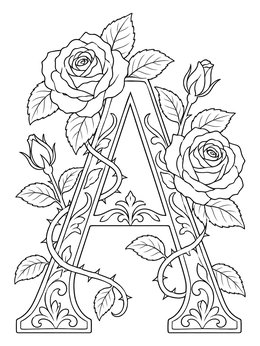 An ornate letter a coloring page entwined with blooming roses and thorny vines.