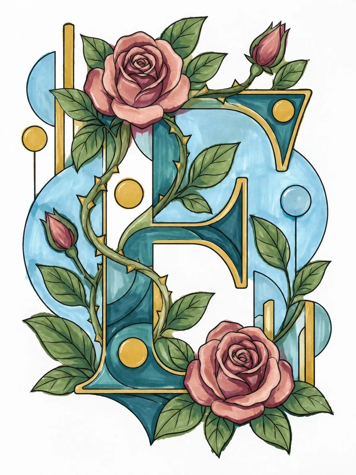 Colored example of the Ornate Letter E With Roses coloring page