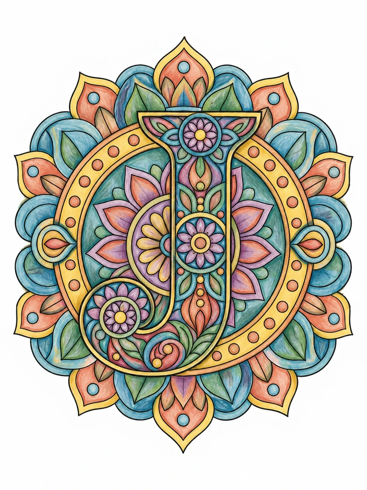 Colored example of the Ornate Letter J Mandala coloring page