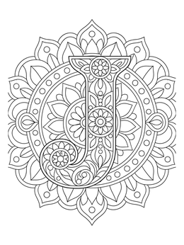 An intricate floral letter J coloring page set inside a circular mandala.