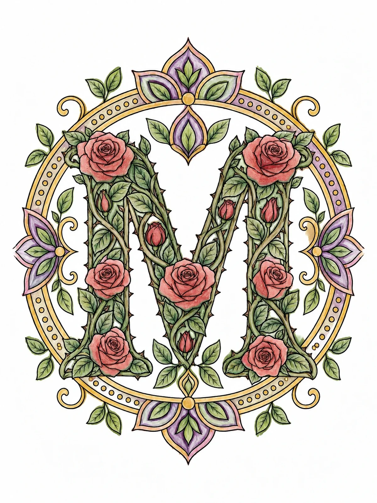 Colored example of the Ornate Letter M With Blooming Roses coloring page